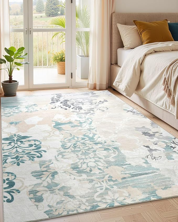 Washable Abstract Rug, 9x12 Ivory and Aqua Floral Area Rugs - Image 2