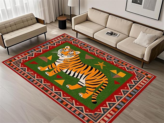 Colorful Tiger Pattern Area Rug, Stylish Geometric Border Tiger Rug, Add Unique by Unknown