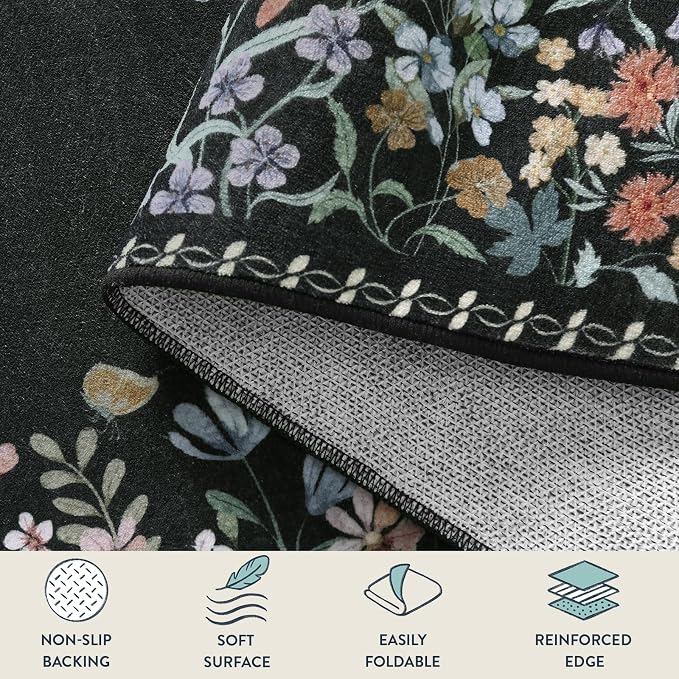 Lahome Boho Floral 2'6"x8 Black Washable Hallway Kitchen Runner Rug, Non Skid - Image 6