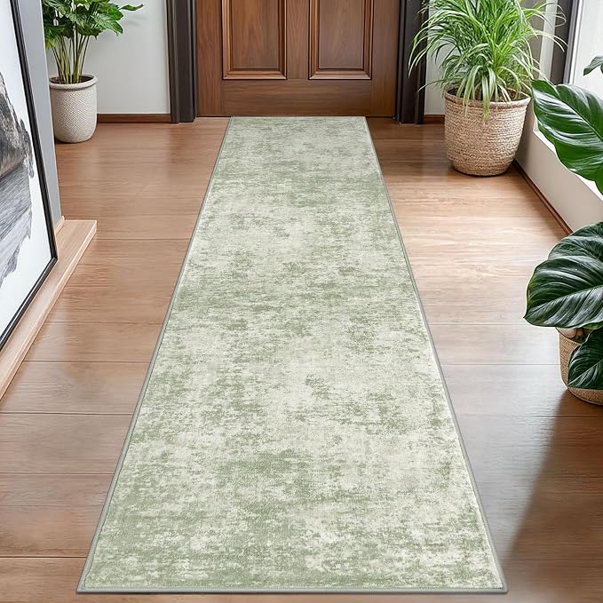 Modern Abstract Hallway Runner Rug, Sage Green Grey 2x8 Runner Rug, Washable by lansny