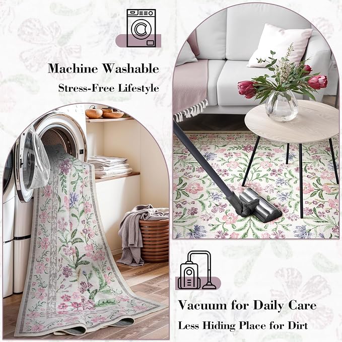 Wonnitar Boho Floral Area Rug 6x9, Washable Purple Rugs - Image 6