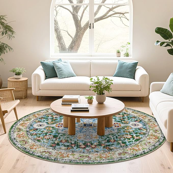 U'Artlines Boho Vintage Round Area Rug 6ft Machine Washable Low Pile Soft Floor by UArtlines