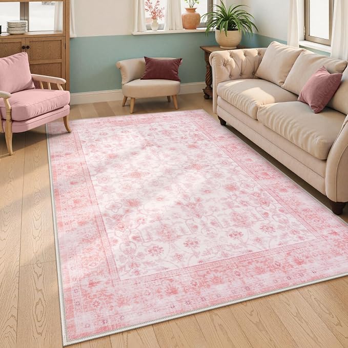 LIVEBOX Pink Area Rug 5x7, Vintage Living Room Rug Machine Washable Area Rugs by LIVEBOX