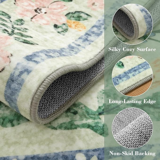 Wonnitar Machine Washable Area Rugs 9x12, Soft Sage Green Floral Rug - Image 4