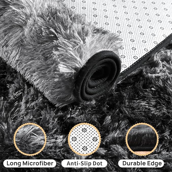 Tie-Dyed Black Grey Shaggy Rugs Fluffy Carpets, Indoor Modern Plush Area Rugs - Image 7
