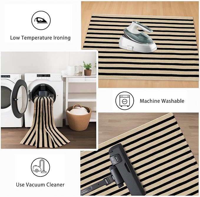 Black and Tan Striped Rugs 2.3'x3.6', Washable Front Door Rug Hand Woven - Image 6