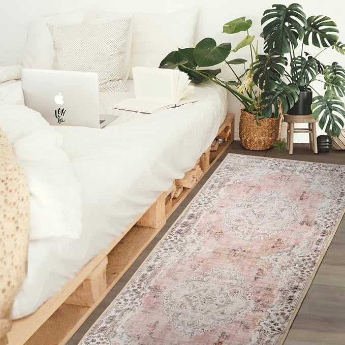 MUJOO Non Slip Boho Pink Runner Rug, Machine Washable - Image 2