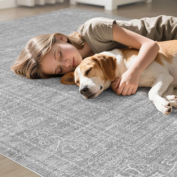 7x9 Area Rug Living Room: Washable Large Vintage Grey Rug Neutral Non-Slip Soft - Image 7