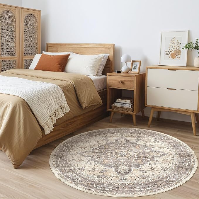 Round Rug Living Room Rugs: 4x4 Washable Boho Neutral Circle Soft Non-Slip - Image 4