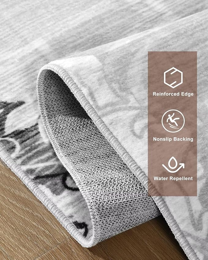 Washable Abstract Rug, 4x6 Classic Grey and White Floral Area Rugs - Image 8