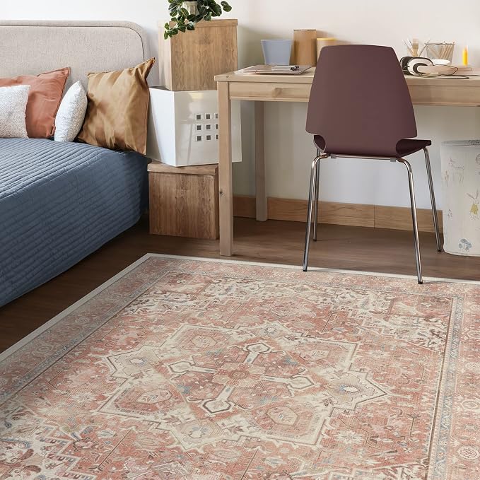 RUGGABLE Washable Area Rug – Kamran Rose Pink 5x7, Stain-Resistant, Non-Slip – by RUGGABLE