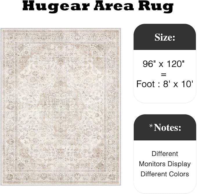 HUGEAR Area Rug 8x10 Vintage Beige Machine Washable Living Room Rugs Thin - Image 2