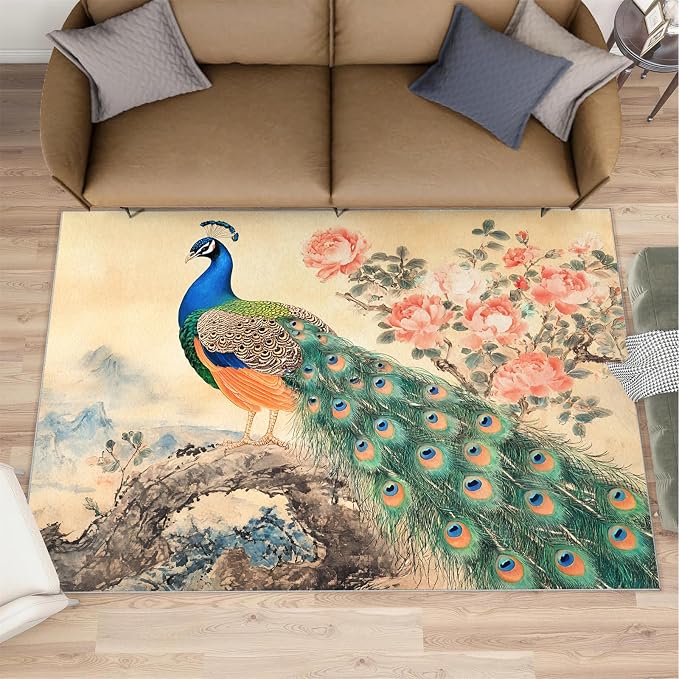 Peacock Peony Flower Area Rug 2x3-2x3 Rug, Classic Peacock Peony Rugs - Image 2