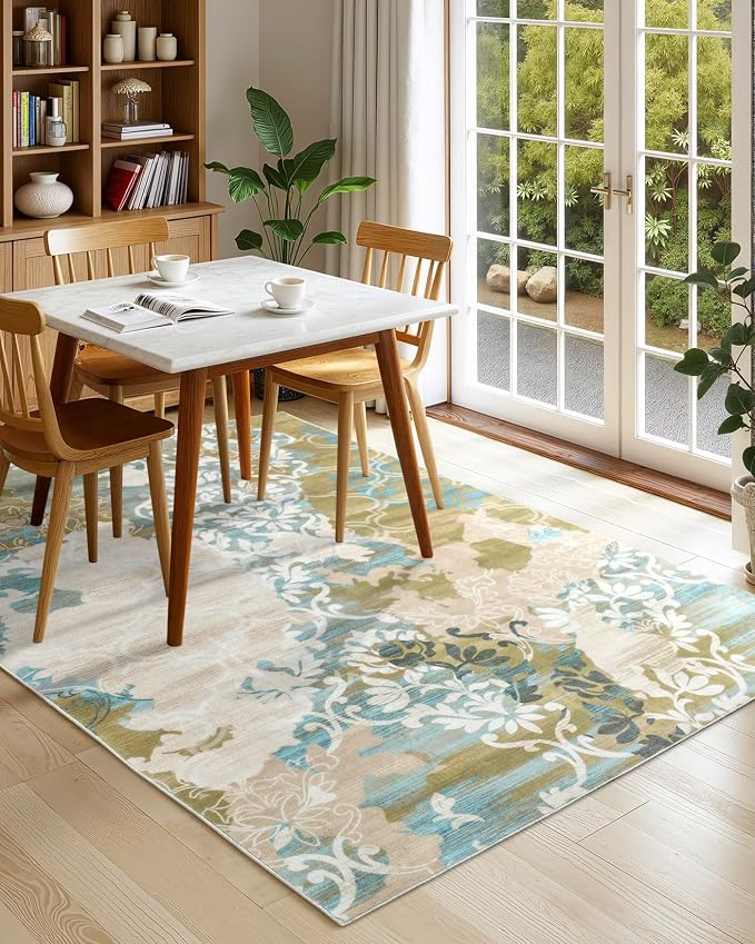 Washable Abstract Rug, 4x6 Willow Green and Blue Floral Area Rugs - Image 3