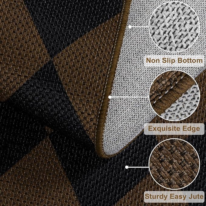 Easy Jute Checkered Runner Rug, 2.6x8 Coffee Modern Washable Rugs Runner - Image 2