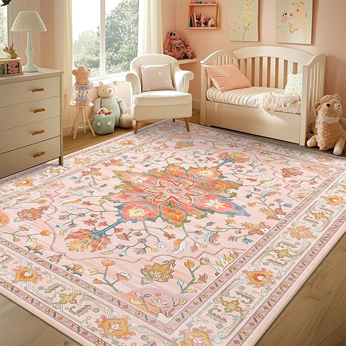 Area Rugs 5'x7' Washable Non-Slip, Floral Vintage Distress Print Pattern by RELEANY