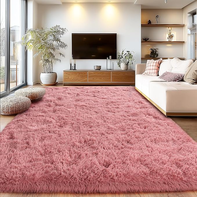 Blush Fluffy Area Rugs for Living Room, Soft Shaggy Carpets for Living Room by Isdook