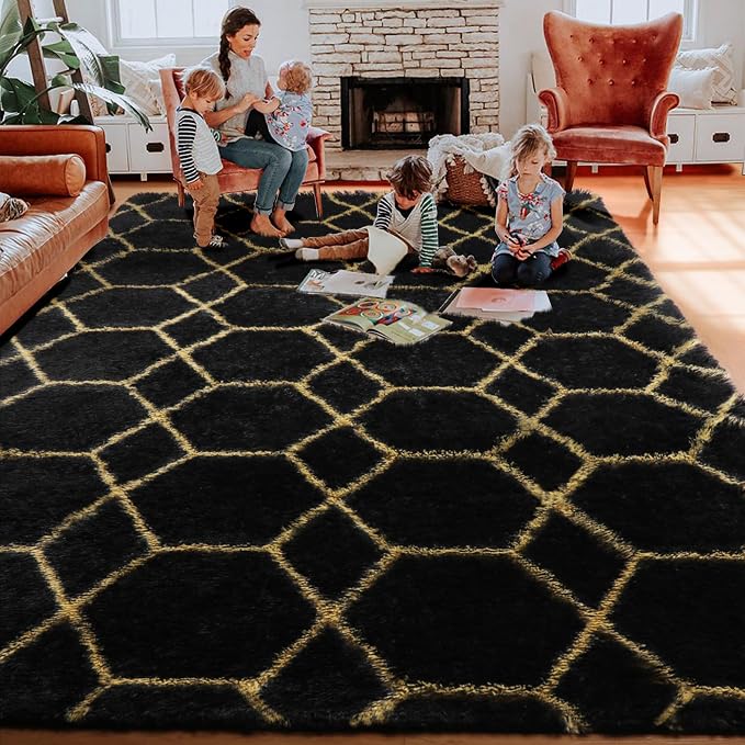 ONASAR 7x9 Area Rugs for Living Room Bedroom, Washable Large Boho Fluffy Black - Image 4