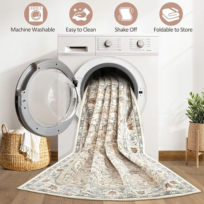 7x9 Area Rug Living Room: Washable Boho Large Neutral Vintage Soft Rugs Stain - Image 2