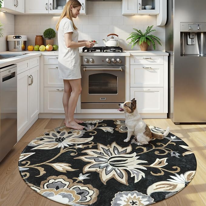 Lahome Floral Black Round Area Rug - 5Ft Washable Ultra-Thin Soft Bedroom Rug - Image 2