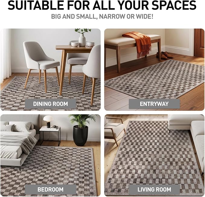 Rugshop Beige Checkered Area Rug – Textured Grid Pattern Carpet - Image 3