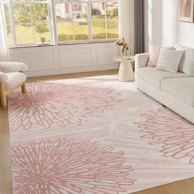 WITSHOCK Pink Rugs 12x14 for Bedroom Girls, Floral Modern Distress Print by WITSHOCK