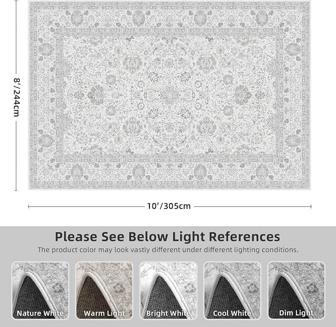 Neutral Area Rugs 8x10 for Living Room Vintage Rug Boho Floral Modern Washable - Image 2