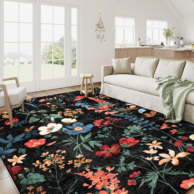 Black Area Rug 6x9 Floral Washable Living Room Kitchen Boho Carpet Non Slip Low - Image 7