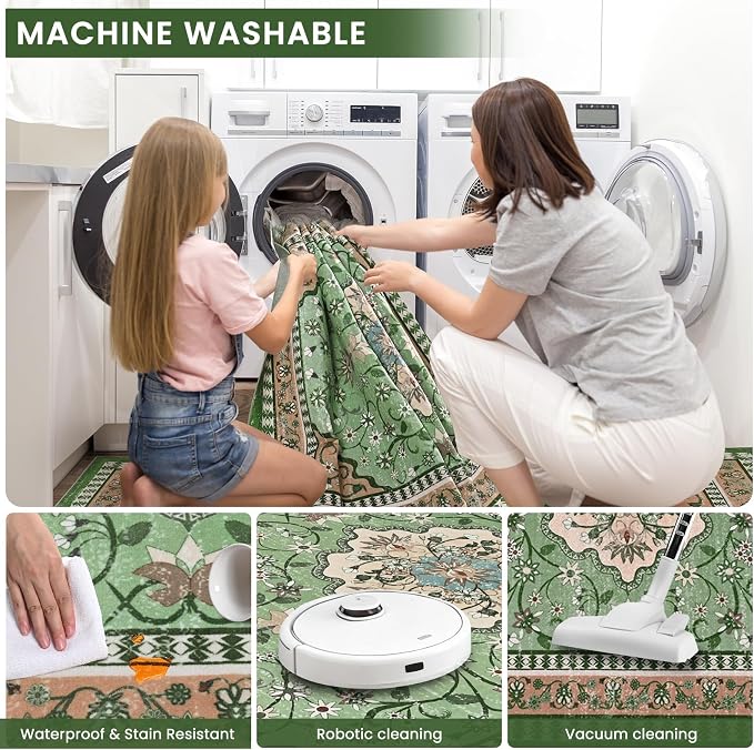 Luxury 5' x 7' Green Washable Area Rugs, Boho Low Pile Easy Clean Non-Slip Rug - Image 8