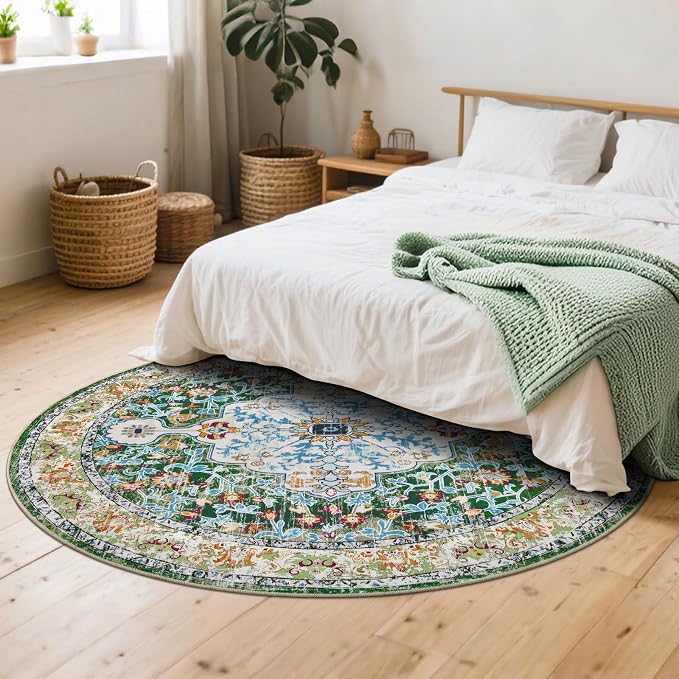 U'Artlines Boho Vintage Round Area Rug 6ft Machine Washable Low Pile Soft Floor - Image 6