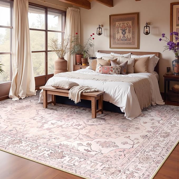 Area Rugs 10'x14' Washable Non-Slip, Floral Vintage Distress Print Pattern - Image 2