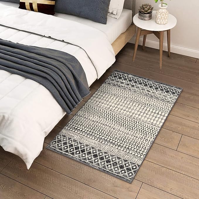 Moroccan Area Rug, 2x3 Black Distressed Entryway Rug Non-Slip Small Rug - Image 2