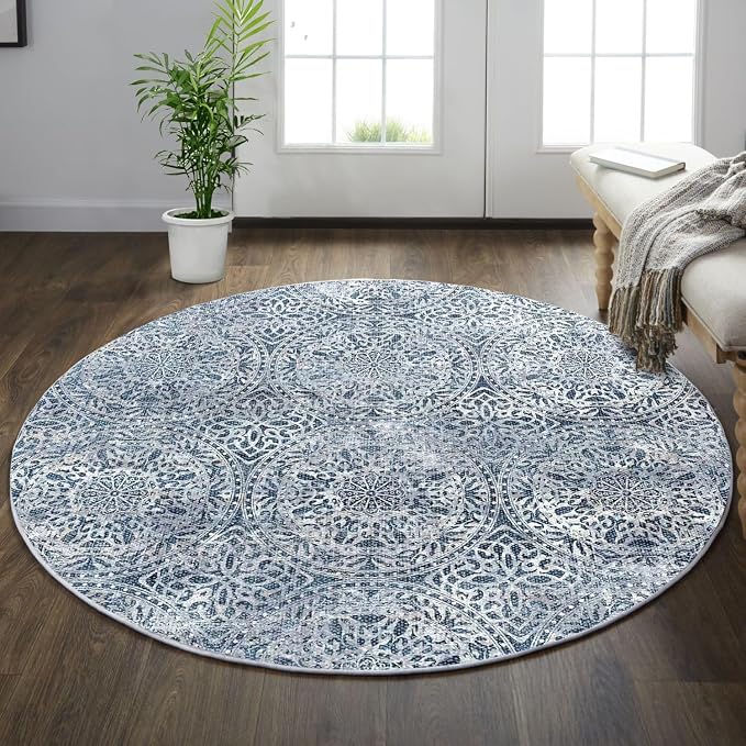vivorug Round Rug 5ft Vintage-Inspired Round Area Rug Non-Slip Indoor Carpet by vivorug