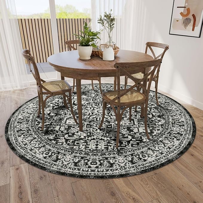 vivorug Round Rug 4ft Vintage-Inspired Round Area Rug Non-Slip Indoor Carpet - Image 3