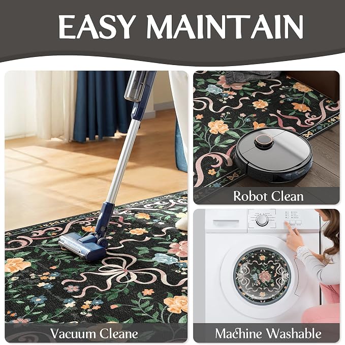 Black Rug Bow Floral Rug 3x5, Washable Boho Area Rugs Non Slip Low Pile Carpet - Image 6