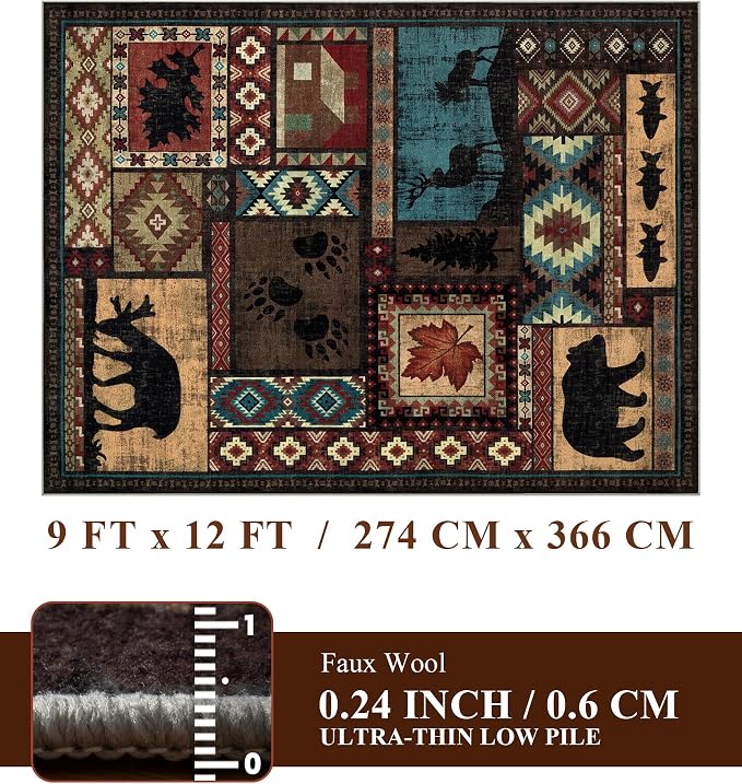 YIHOUSE Rustic Cabin Rugs for Living Room 9x12, Wildlife Bear & Deer Area Rug - Image 2