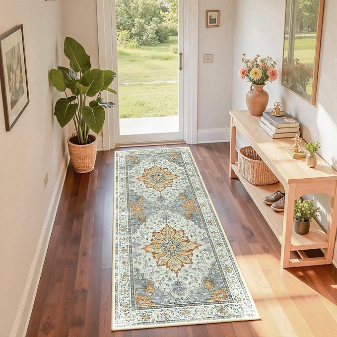 Area Rugs 2'x6' Washable Non-Slip, Floral Vintage Distress Print Pattern by RELEANY