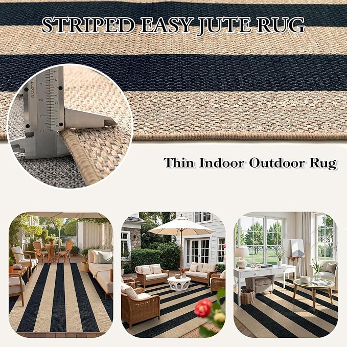Lahome Striped Easy Jute Outdoor Rug, Washable Rugs 8x10 - Image 3