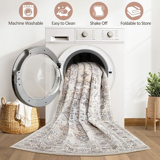 6x8 Area Rug Living Room: Washable Boho Large Neutral Vintage Soft Rugs Stain - Image 2