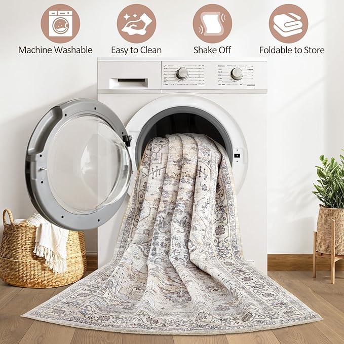10x13 Area Rugs Living Room: Washable Boho Large Neutral Vintage Soft Rug Stain - Image 2