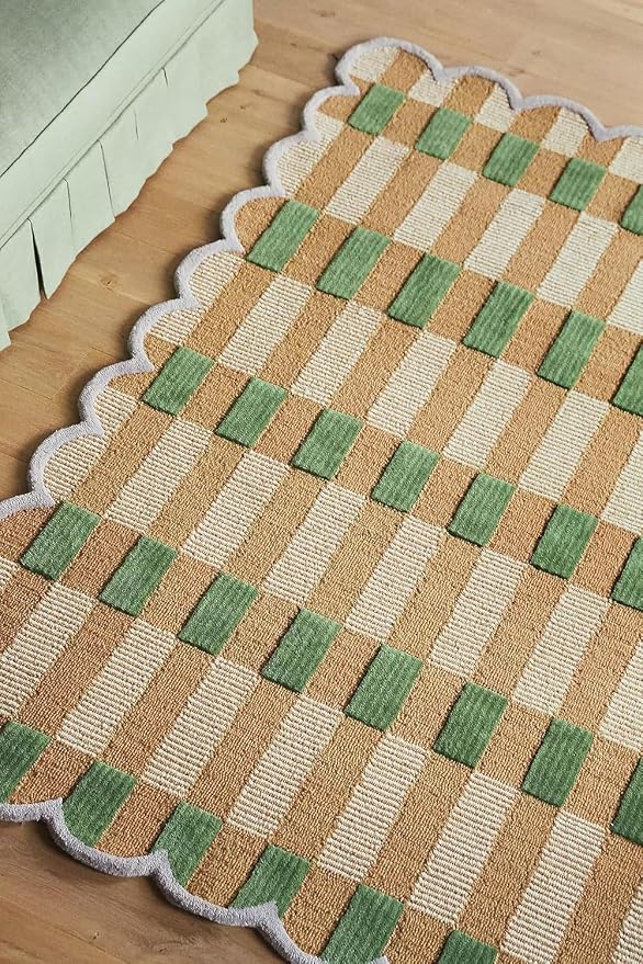 Hand-Tufted Wool Rug with Scalloped Edges, Light Blue Plaid Pattern, Cozy Soft by Unknown
