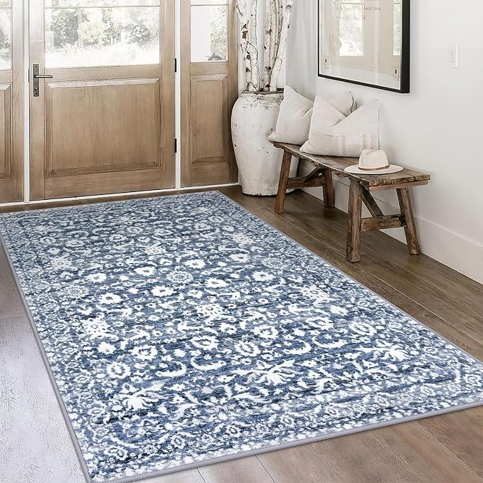 Vintage 4x6 Living Room Washable Rug, Light Blue White Non-Slip Soft Bedroom - Image 2