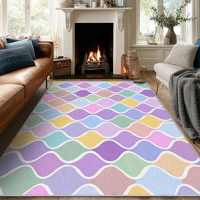 Washable 5x5 Abstract Wave Rug Living Room, Modern Geometric Colorful Design - Image 2