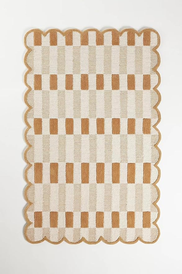 Hand-Tufted Wool Rug with Scalloped Edges, Light Blue Plaid Pattern, Cozy Soft - Image 4
