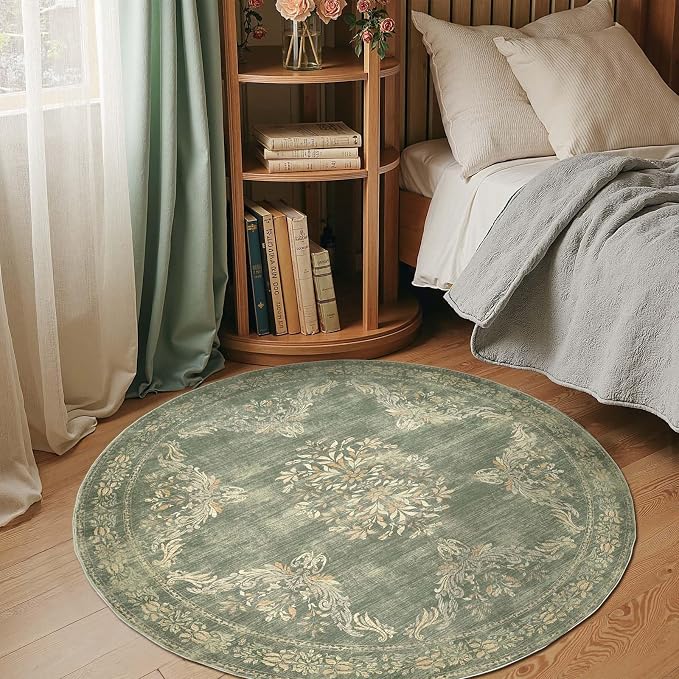 jinchan Round Rug 5ft Area Rugs Vintage Floral Distressed Design, Machine - Image 3