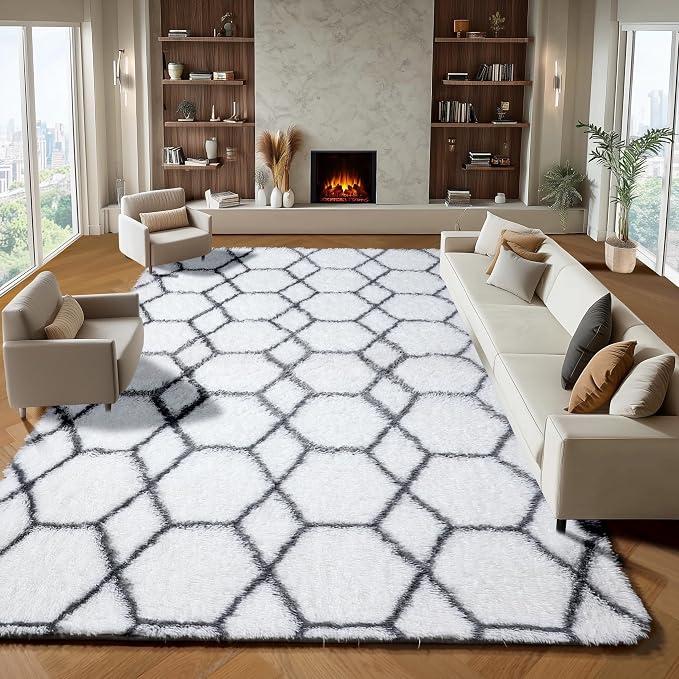 ONASAR 8x10 Area Rugs for Living Room, Washable Fluffy White and Grey Rug for by ONASAR