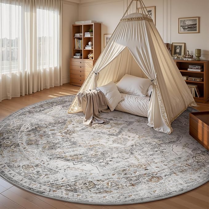 AMOAMI-6FT Round Rug-Rugs for Living Room-Vintage Soft Grey Rugs for - Image 3