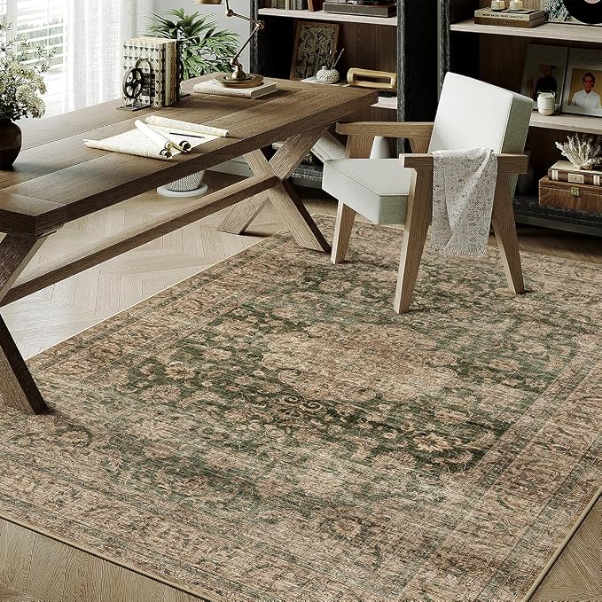 4x6 Washable Vintage Area Rug Green Brown Entryway Office Carpet Non-Slip Soft by WondRg