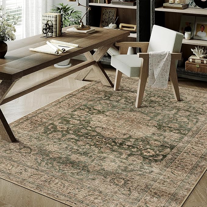 3x5 Washable Vintage Area Rug Green Brown Entryway Office Carpet Non-Slip Soft - Image 4