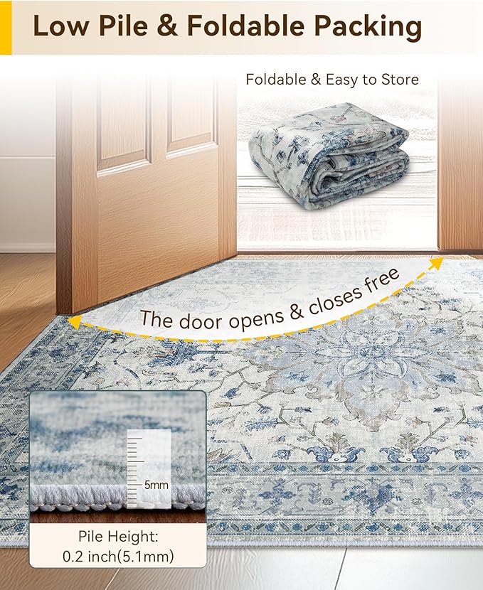 Area Rugs 7'x10' Washable Non-Slip, Floral Vintage Distress Print Pattern - Image 4